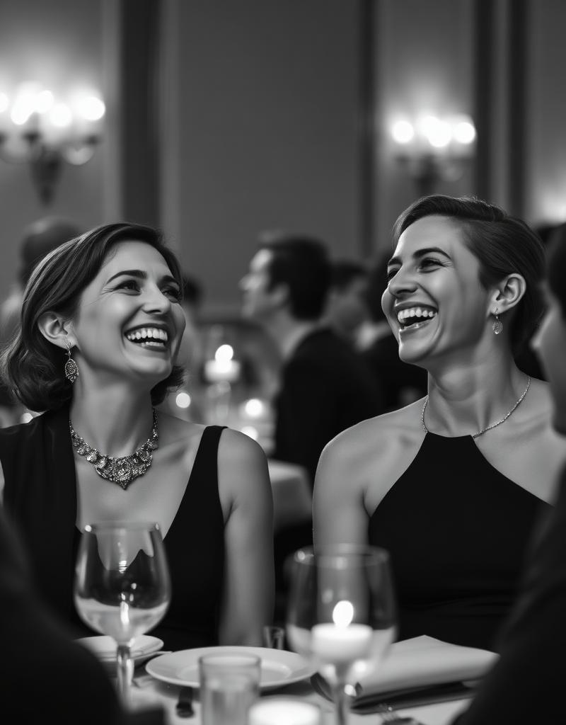 Two guests laughing at a corporate gala dinner