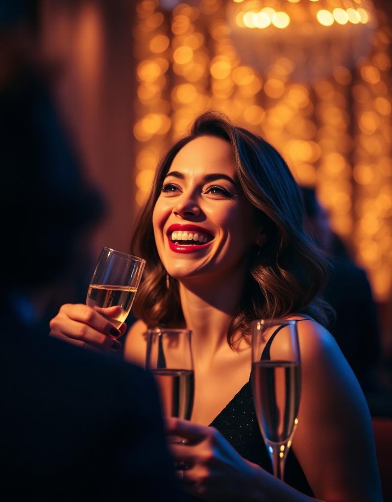 A guest smiling brightly during a champagne toast