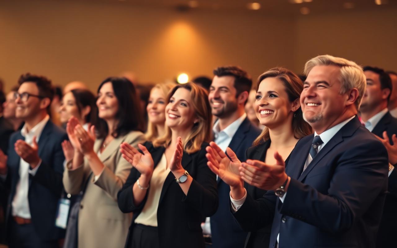A conference audience applauding mid-keynote